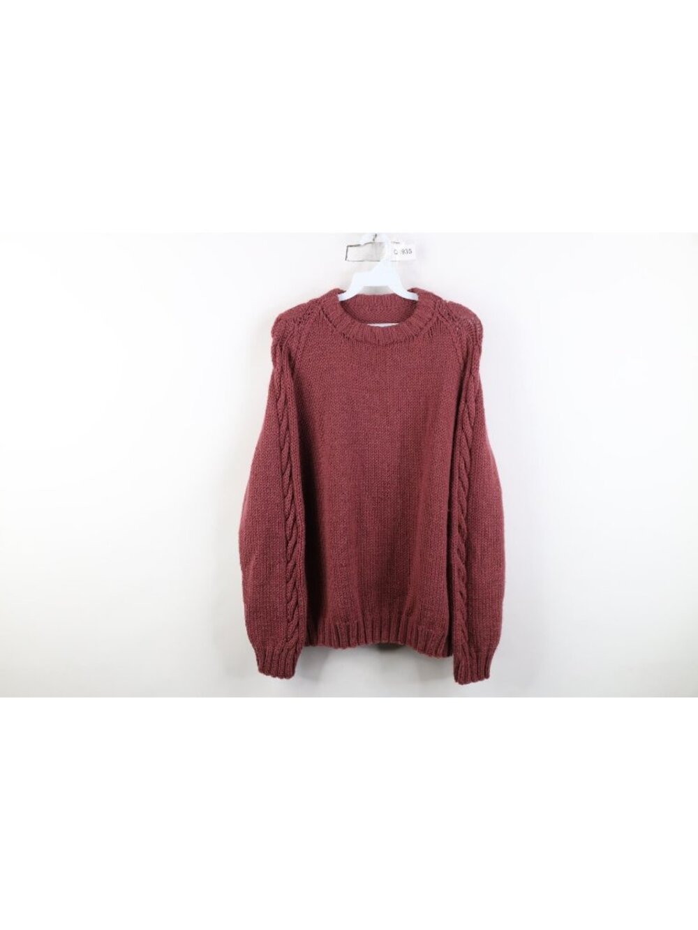 Vintage 70s Streetwear Womens XL Blank Hand Crochet Cable Knit Sweater Dark Pink